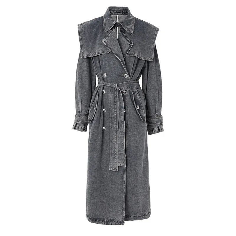 DEAT Fashion Women's Denim Jackets Loose Big Double Layer Collar Single Breasted Long Sleeve Sashes Coat Winter New 17A4709 deep gray