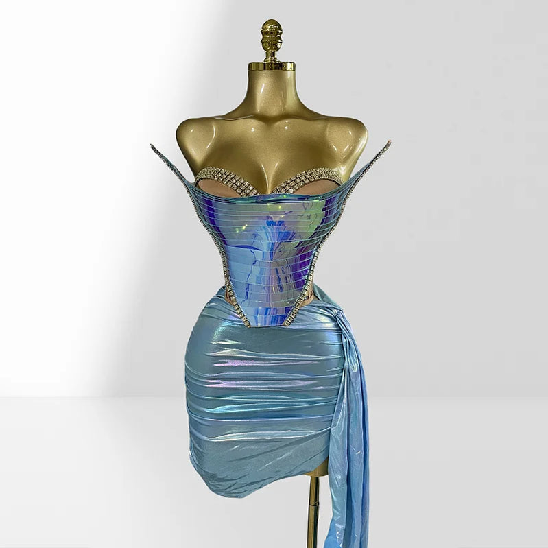 Fashionable Mirror Luxurious Rhinestone Lace -up Top And Mini Skirt Set 2 Pieces Woman Birthday Vestido Music Festival Outfit