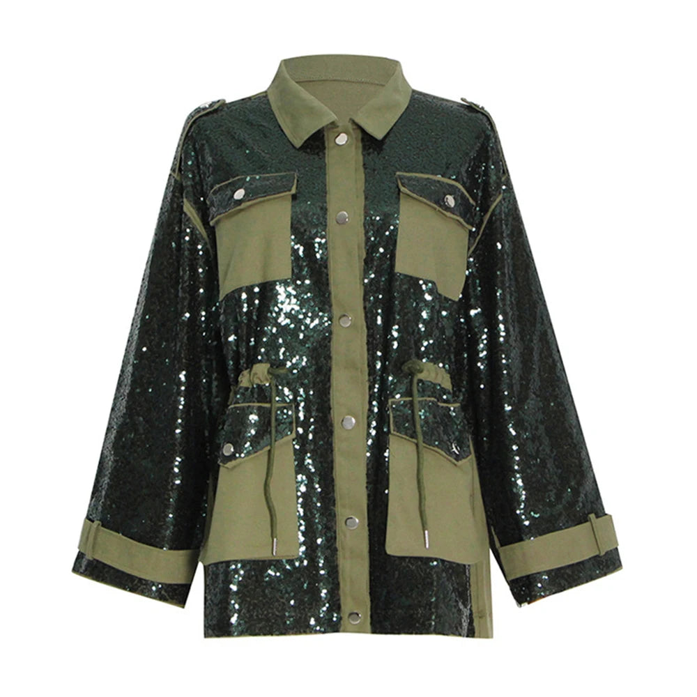 Patchwork Sequins Casual Loose Coats For Women Lapel Long Sleeve Spliced Pockets Colorblock Streetwear Coat Female Fashion Aspicture