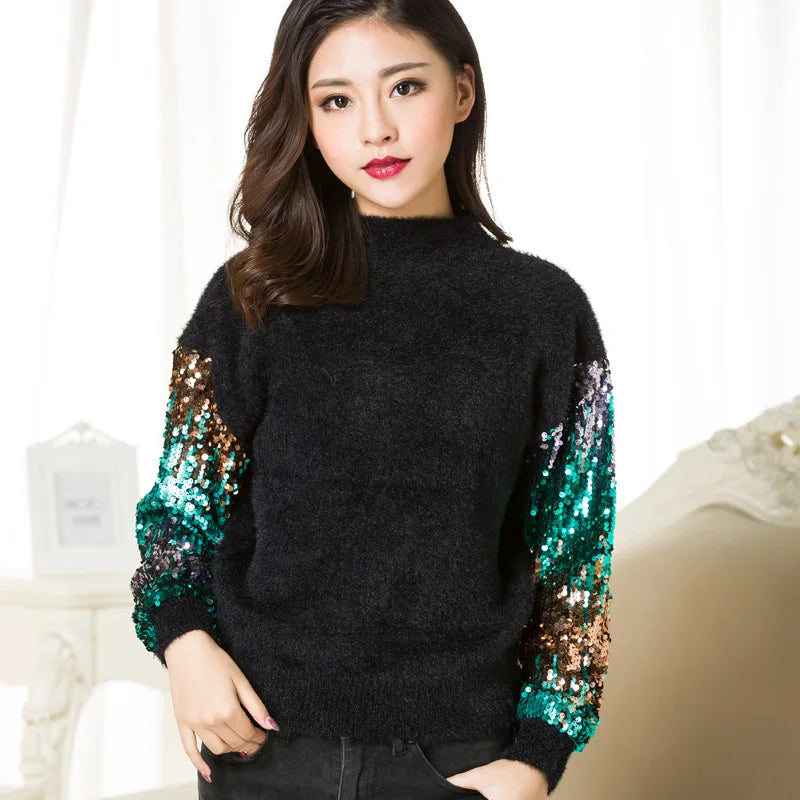 Womens Long Sleeve Mohair Sweater Rabbit Hair Glitter Patchwork Thick Knitting Sweater Autumn Winter Warm Pullover Black
