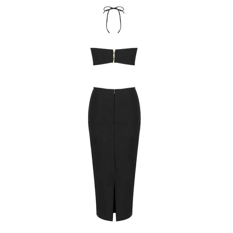 Black Color Women Sexy Halter Bodycon Midi Dress Rayon Bandage Fashion Runway Sexy Nightclub Party Dress High Quality