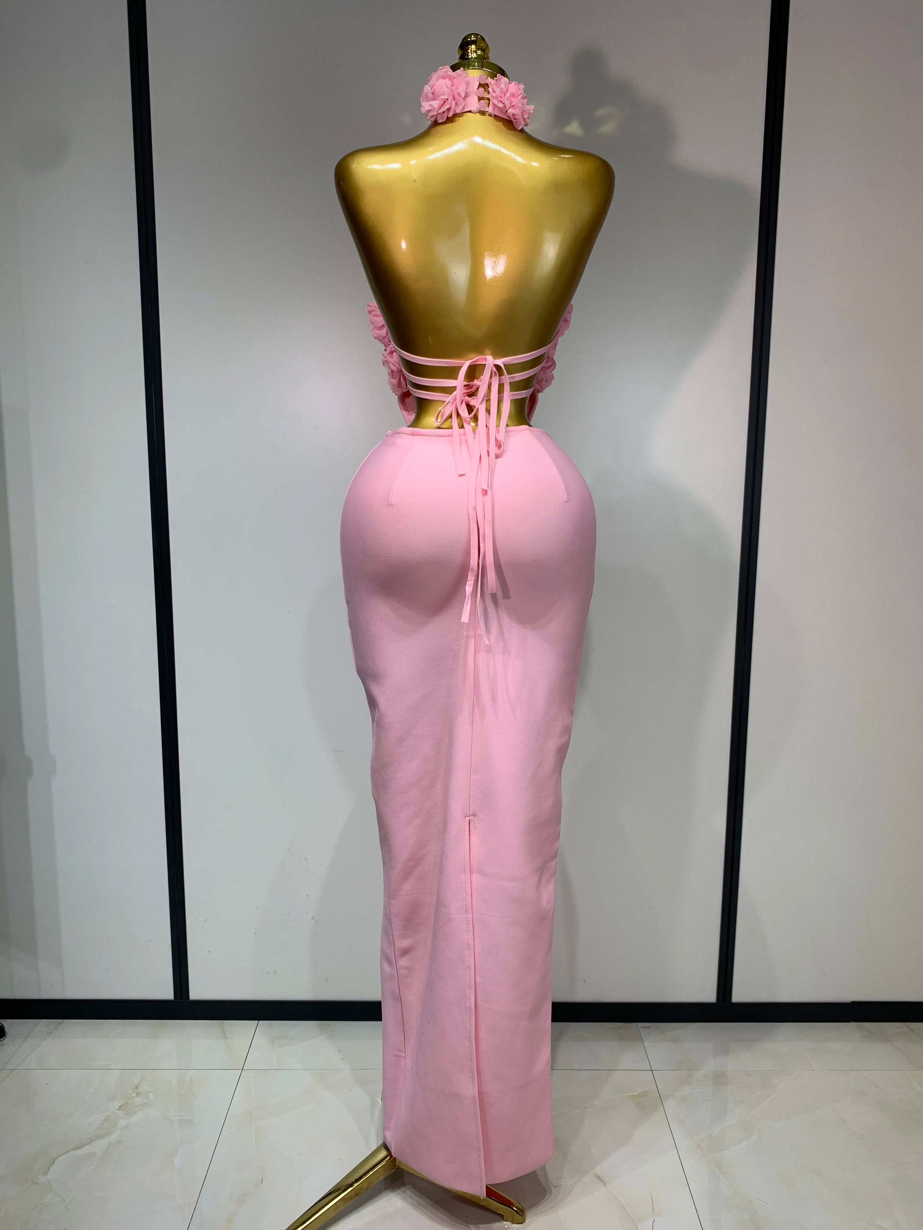 Luxury Birthday Dress Women Celebrity Sexy Halter Backless Flower Long Bandage Bodycon Dress 2025 Elegant Evening Party Outfit 