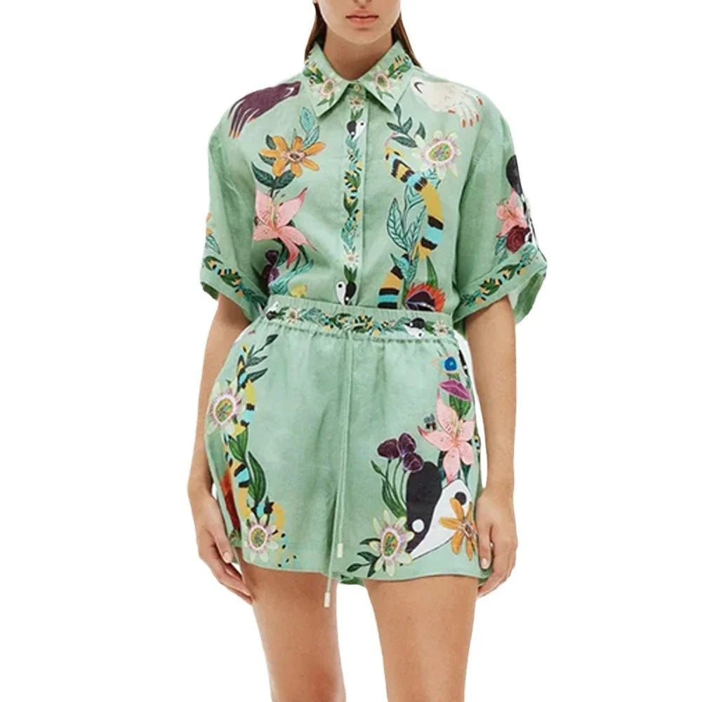 Womens 2 Piece Outfits Summer New Lounge Vacation Sets Loose Fitting Print Short Sleeve Lapel Button T-Shirt With Shorts Set Green
