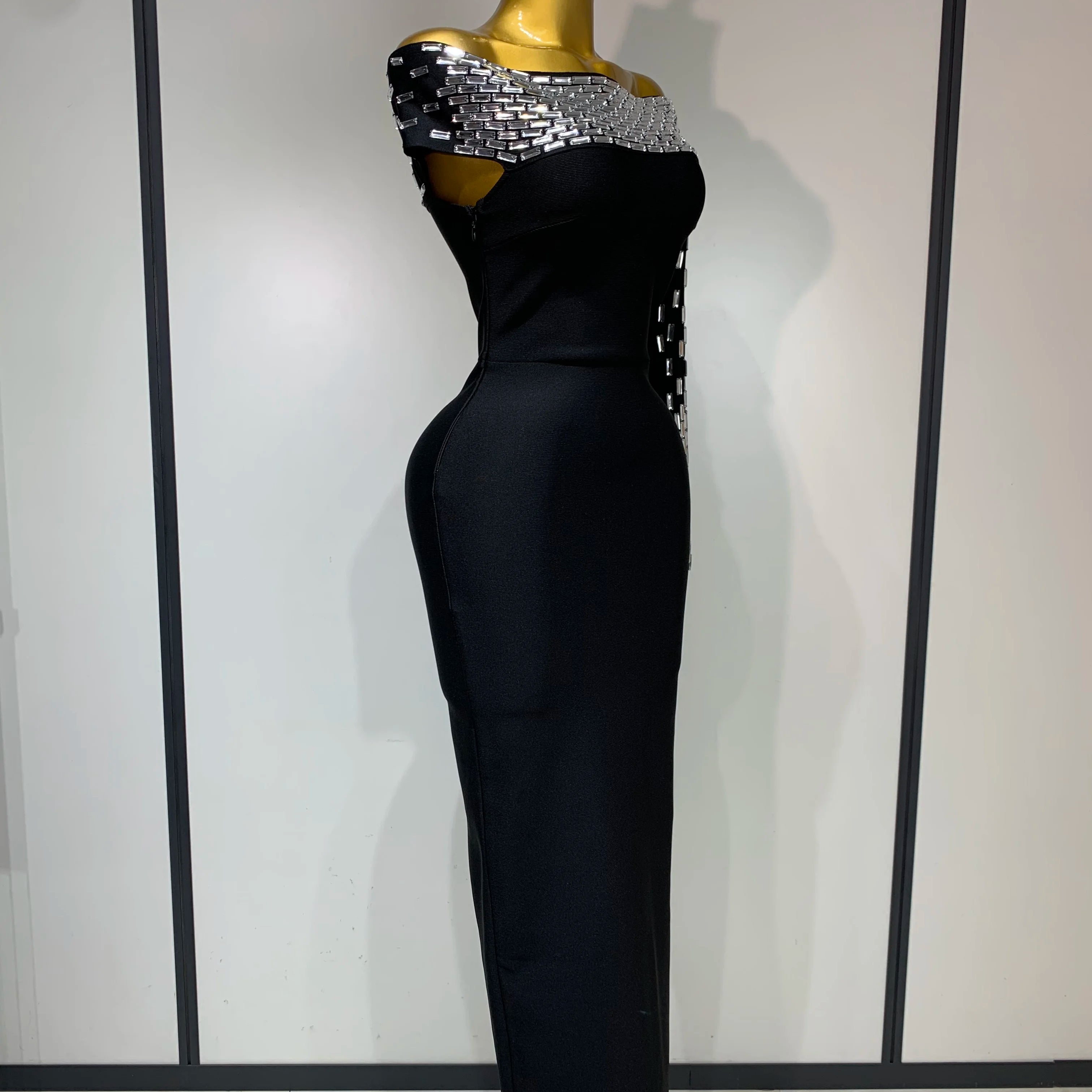 Women Celebrity Sexy Off-shoulder Diamonds Black Maxi Long Bandage Dress Evening Party Celebirty Elegant Stage Performance Dress