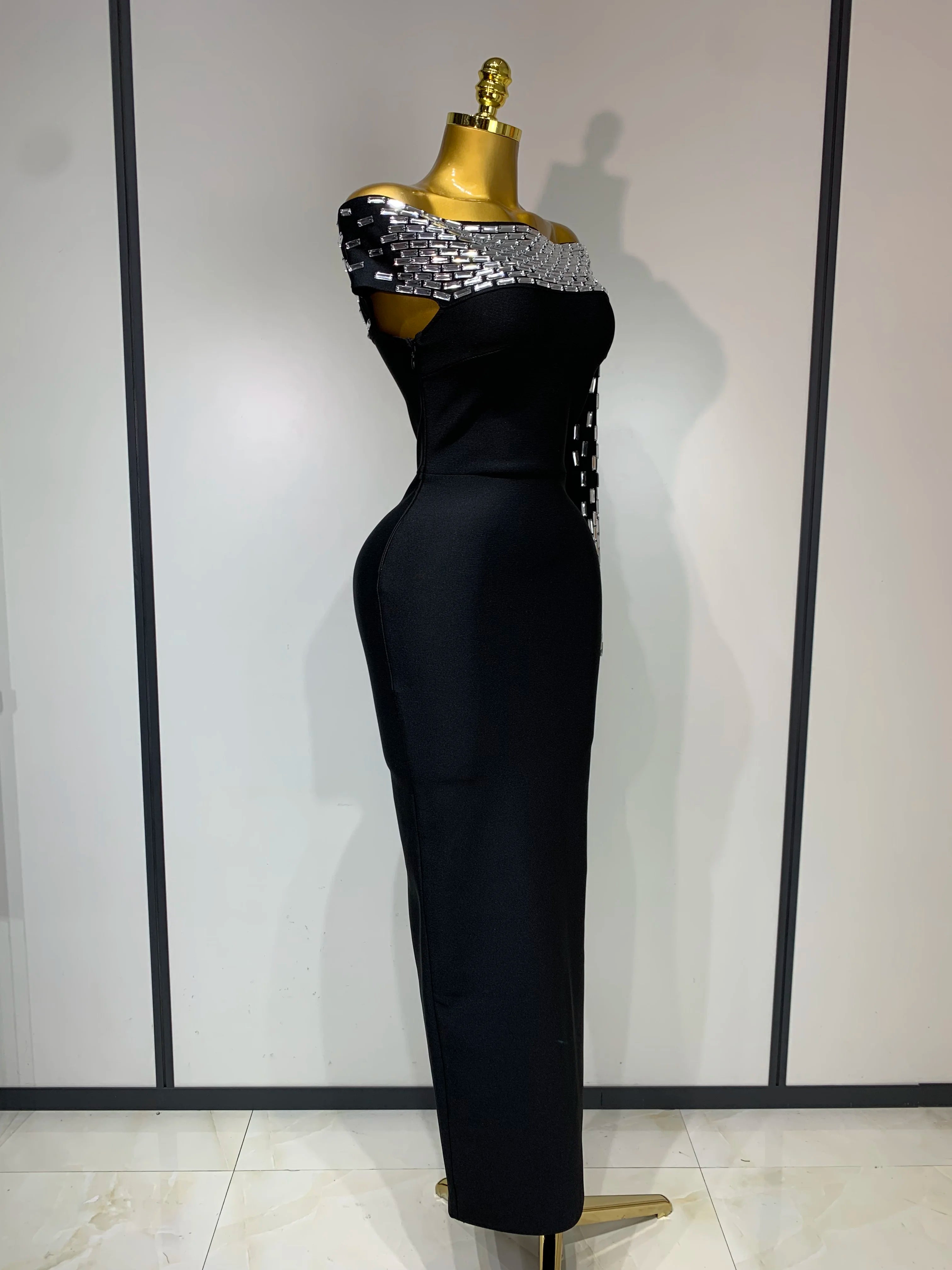 Women Celebrity Sexy Off-shoulder Diamonds Black Maxi Long Bandage Dress Evening Party Celebirty Elegant Stage Performance Dress