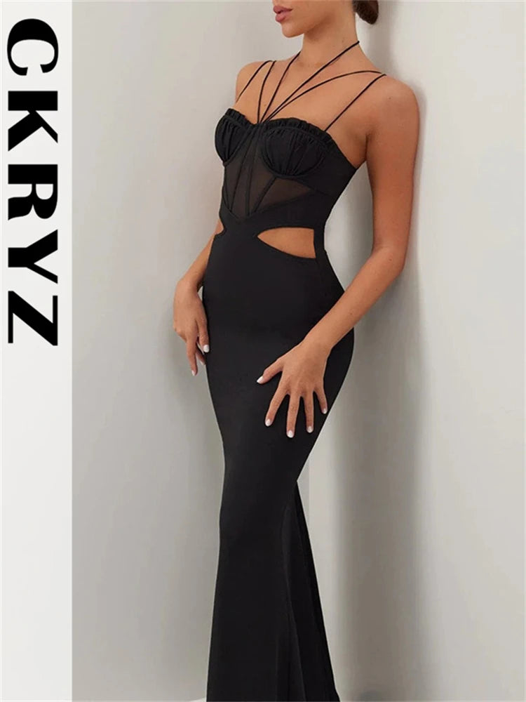 Ladies Autumn Sleeveless Backless Lace Up Halter Hollow Out Maxi Dress For Women New Fashion Evening Party Club Wear Y2K Clothes