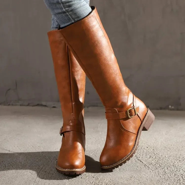 Autumn and Winter Woman Boots Vintage Round Head Knee High Knight Boots Combat Gothic Elegant Block Heel Women's Long Boots brown yellow