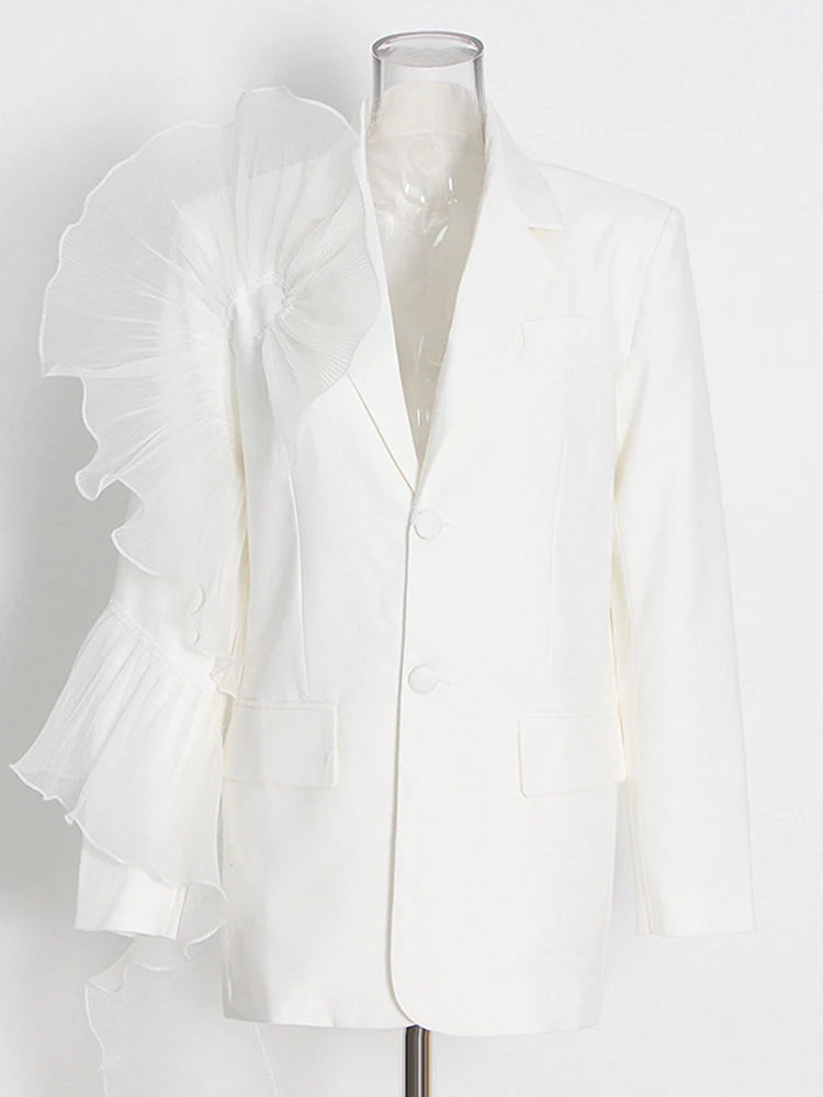 Patchwork Mesh Solid Casual Blazers For Women Notched Collar Long Sleeve Spliced Single Breasted Temperament Blazer Female