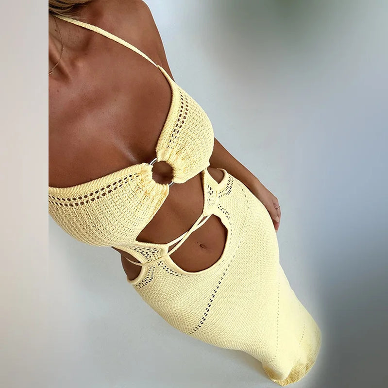 Yellow Knitted Beach Dress Women Fashion Halter Hollow Out Slim Long Dresses Summer Sexy Backless Holiday Party Outfits 2024