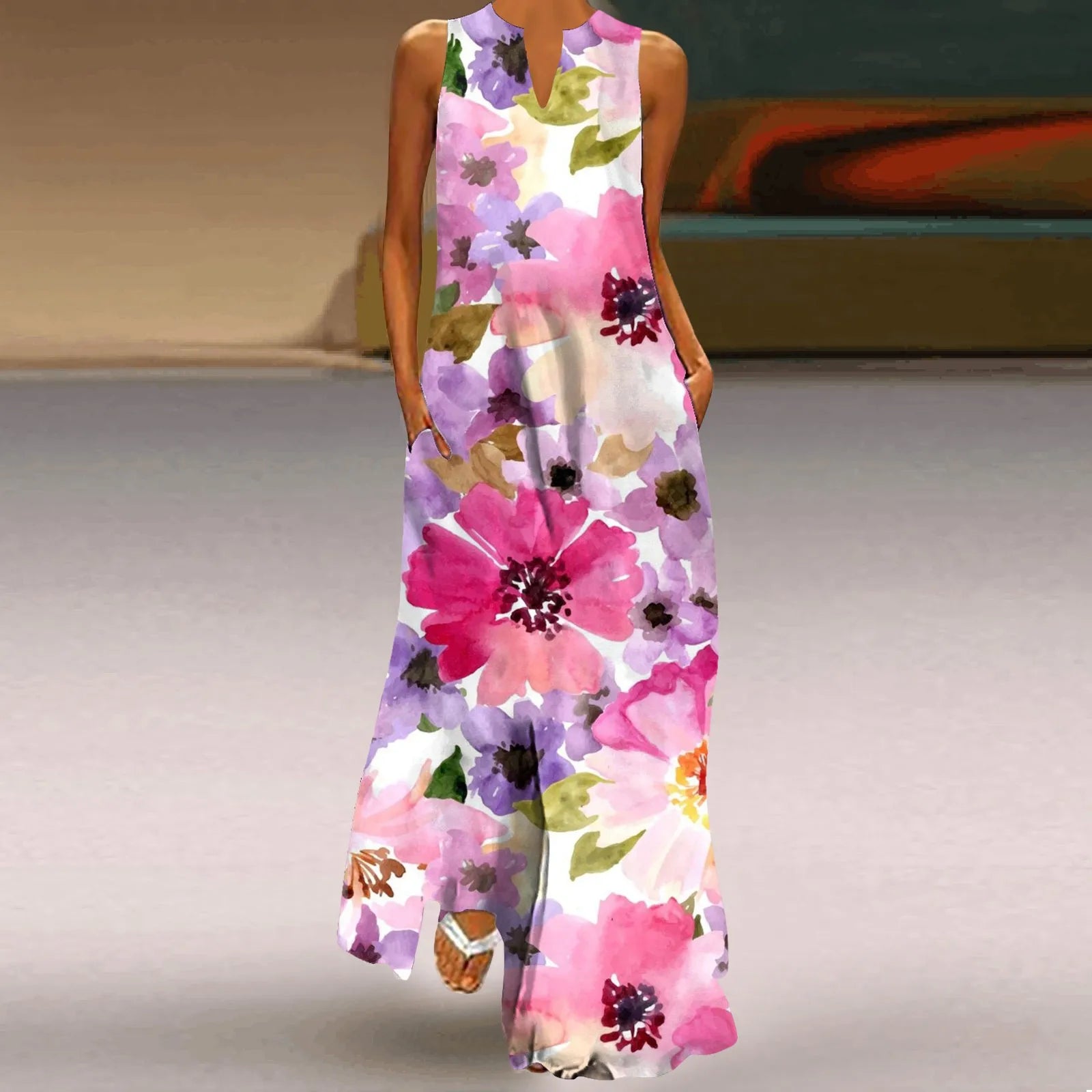 Vestido longo feminino elegante com decote em V, estampa floral fresca, sem mangas, solto, reto, praia, férias, vestido longo