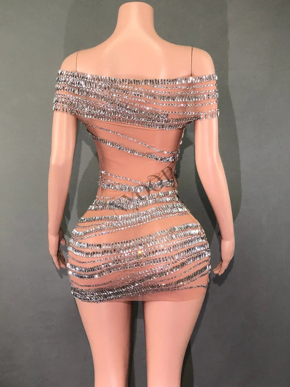 STOCKSparkly Rhinestones Short Dress for Women Sexy Off-shoulder See Through Evening Celebrate Birthday Dress Photo Shoot Stage