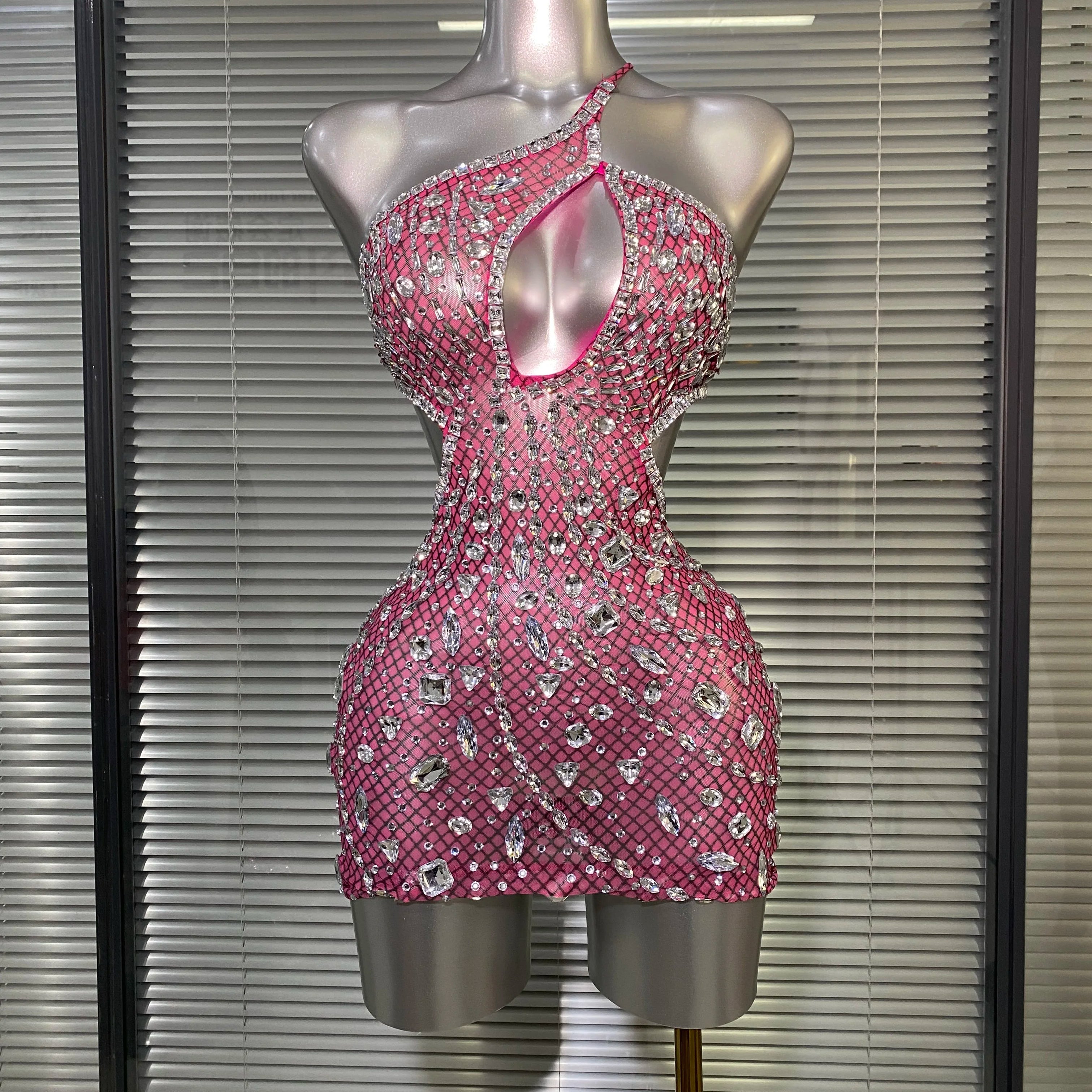 Women Sexy See Through Mesh One Shoulder Backless Brown Costume Stage Dancer Singer Fancy Night Club Mini Party Dress