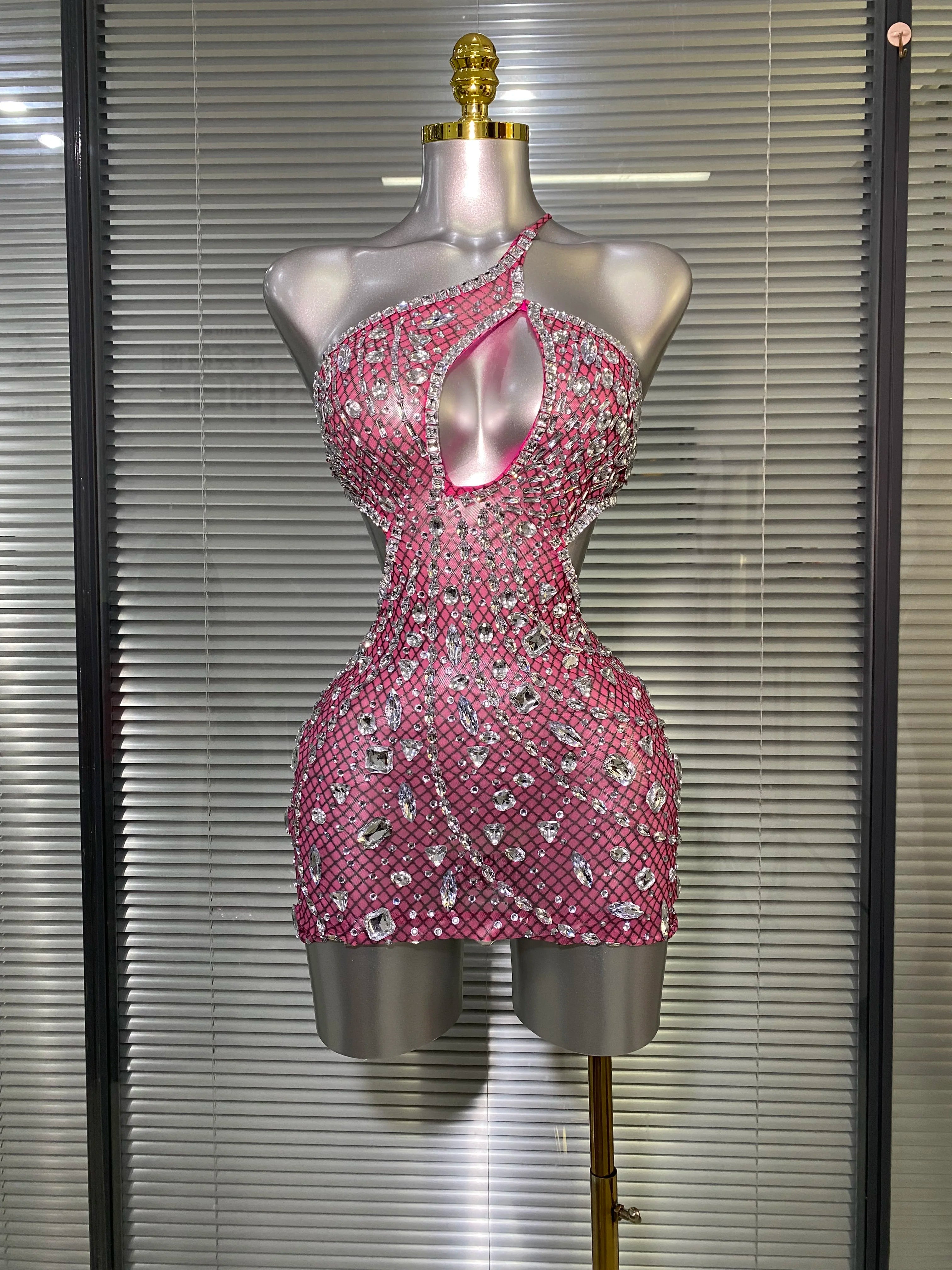 Women Sexy See Through Mesh One Shoulder Backless Brown Costume Stage Dancer Singer Fancy Night Club Mini Party Dress