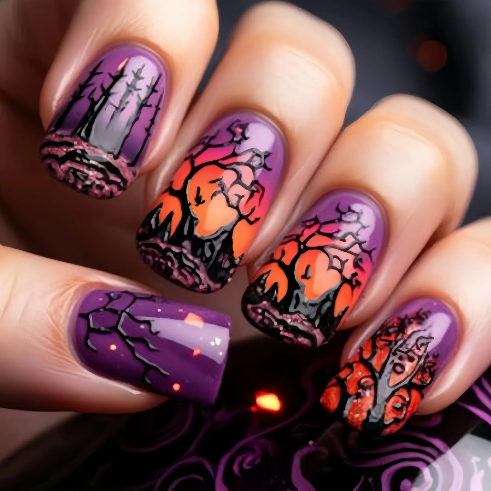24pcs/set Short Medium fake nails for Halloween party Dead trees and crows bat Night sky Square almond tips press on false nail