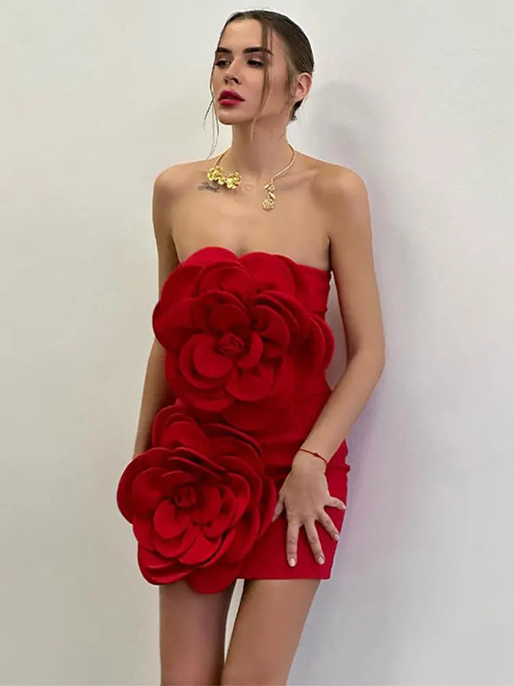 Women Red 3d Flower Strapless Short Dress Elegant Backless Sleeveless High Waist Mini Dresses Fashion Banquet Chic Robes
