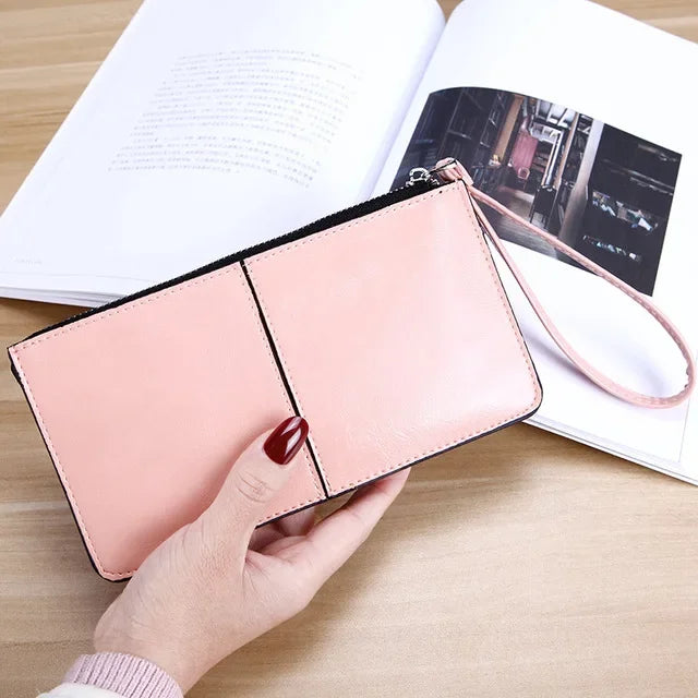Women's Vintage Oil Wax Leather Zipper Clutch Wallet Female Large Capacity Coin Purse Ladies Wristband Simple Card Holder Wallet Pink