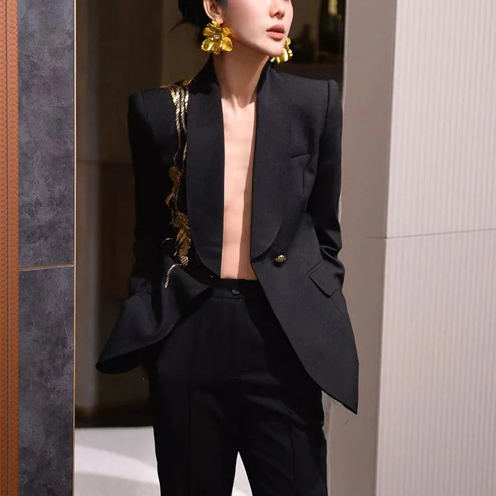 Solid Slimming Spliced Bead Elegant Blazer for Women Lapel Long Sleeves Patchwork Buttons Coat Female Clothing New