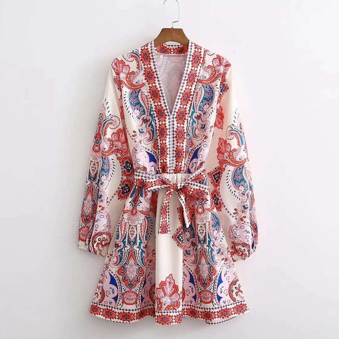 Printed Mini Dress Women Spring Clothing Full Sleeve Belt Vestidos Modern Girl Casual Wears as photo