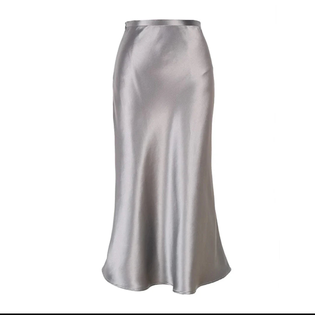 WYWM Summer High Waisted Satin Silk Skirt Women Solid 8 Color Fashion Elegant Ladies Streetwear Skirts Slim A-line Female Dress Grey