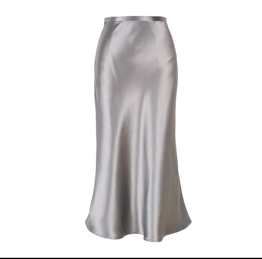 WYWM Summer High Waisted Satin Silk Skirt Women Solid 8 Color Fashion Elegant Ladies Streetwear Skirts Slim A-line Female Dress Grey