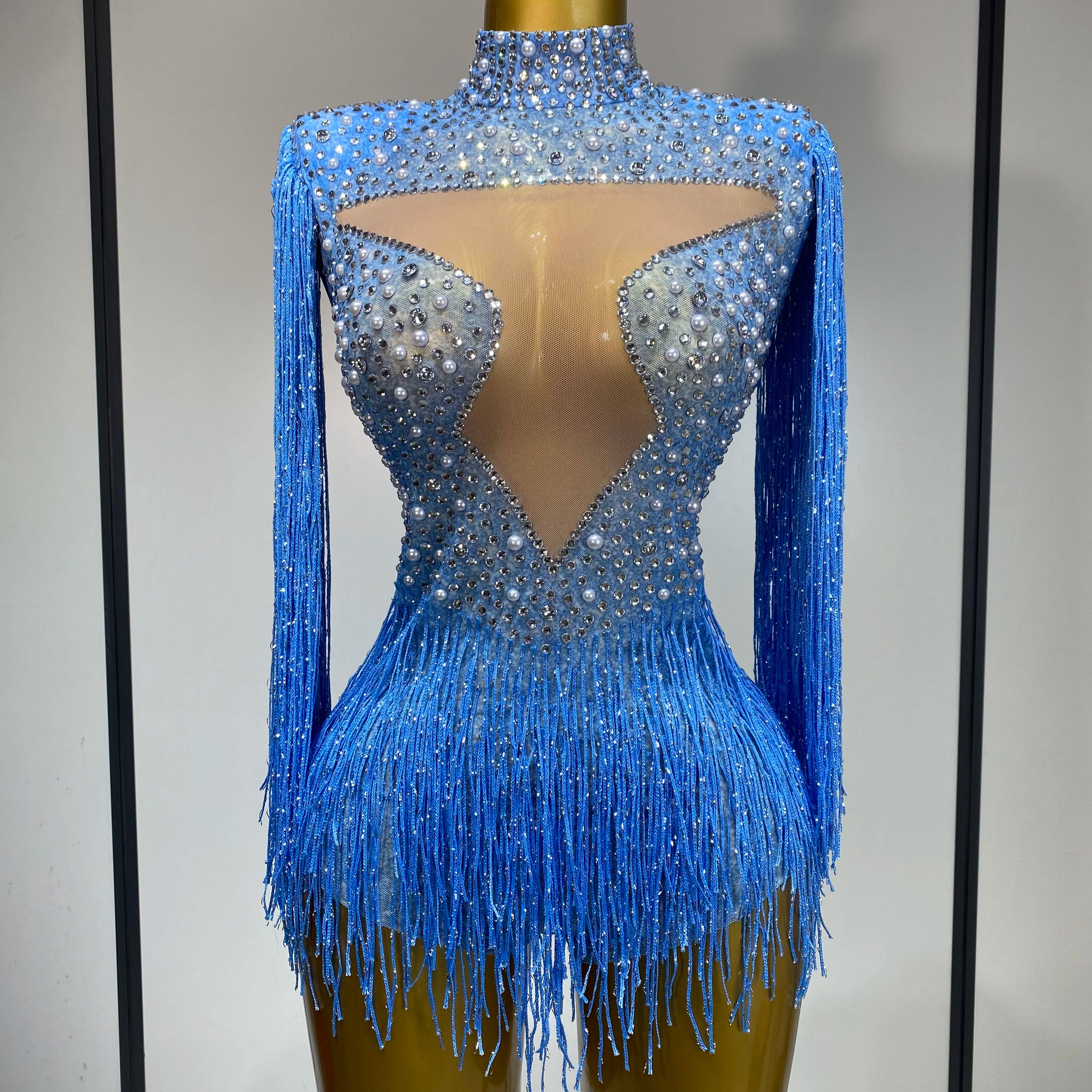 Sparkly Luxury Tassel Bodysuit High Street Strech Transparent Performance Dance Costume Nightclub Celebrate Stage Outfit