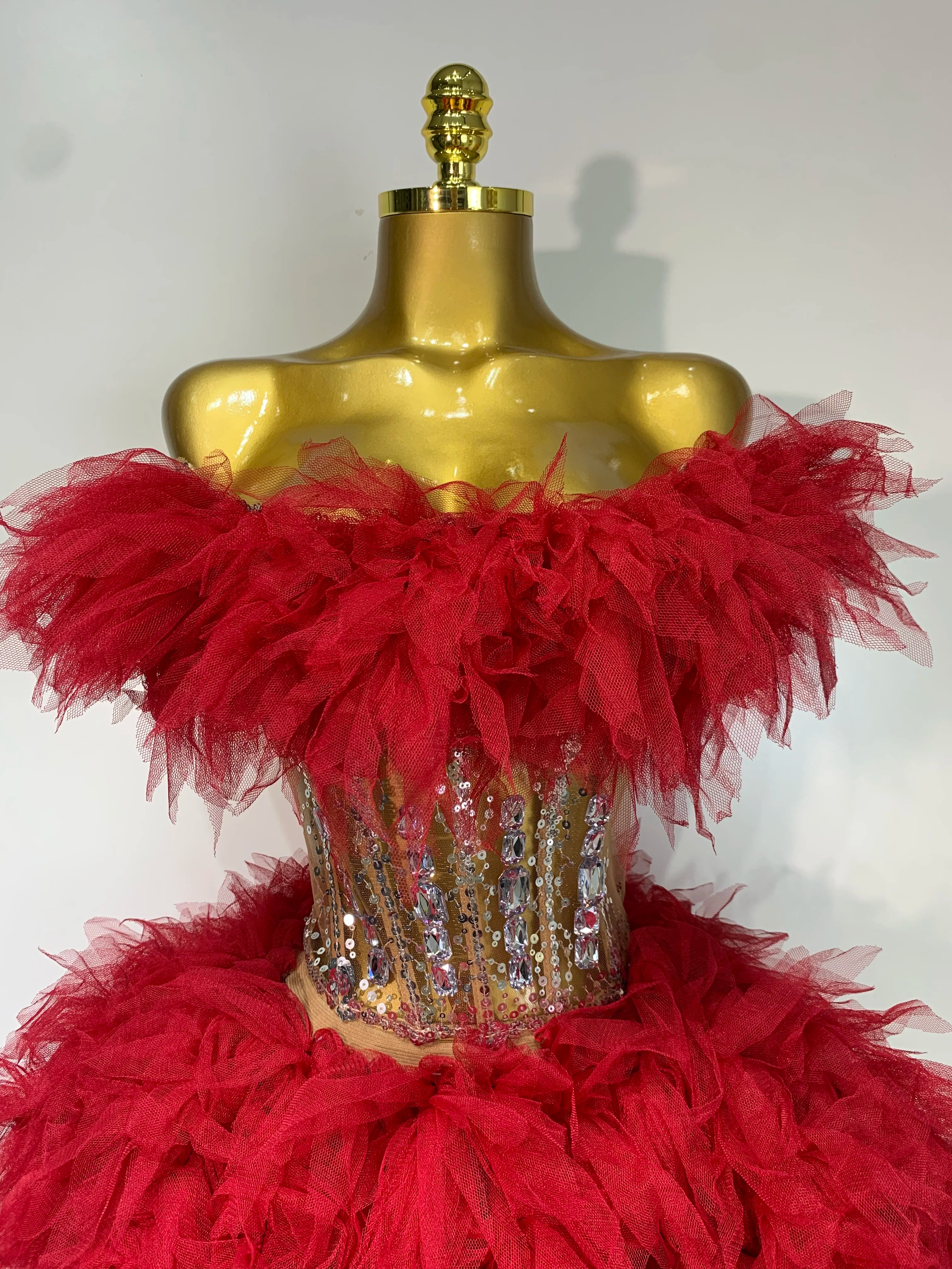 Sexy Strapless Red Mesh Two Pieces Set Singer Nightlcub Party Stage Outfit Photo Shoot 2025 Prom Gown Luxury Birthday Dresses