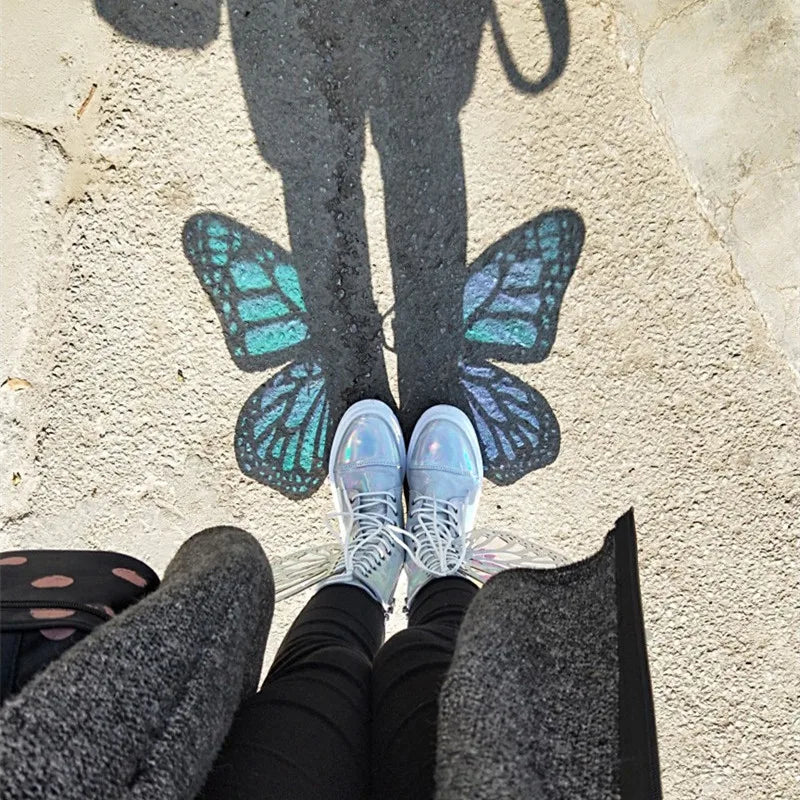 Butterfly Wings Women Shoes Shine Silver Leather Flat Sneakers Lace Up Women's ankle boots high-top Leisure Platform Shoes