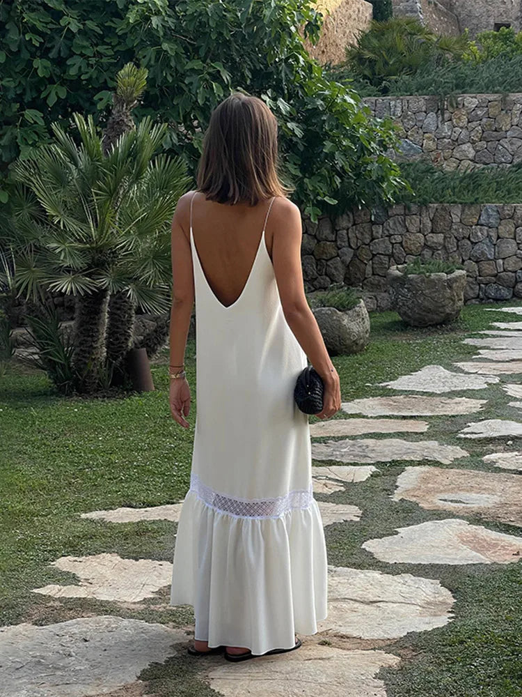 Elegant Women's Backless Satin Maxi Dress Casual Loose V Neck Side Splited Strap Robe 2024 Summer Female Vacation Beach Sundress