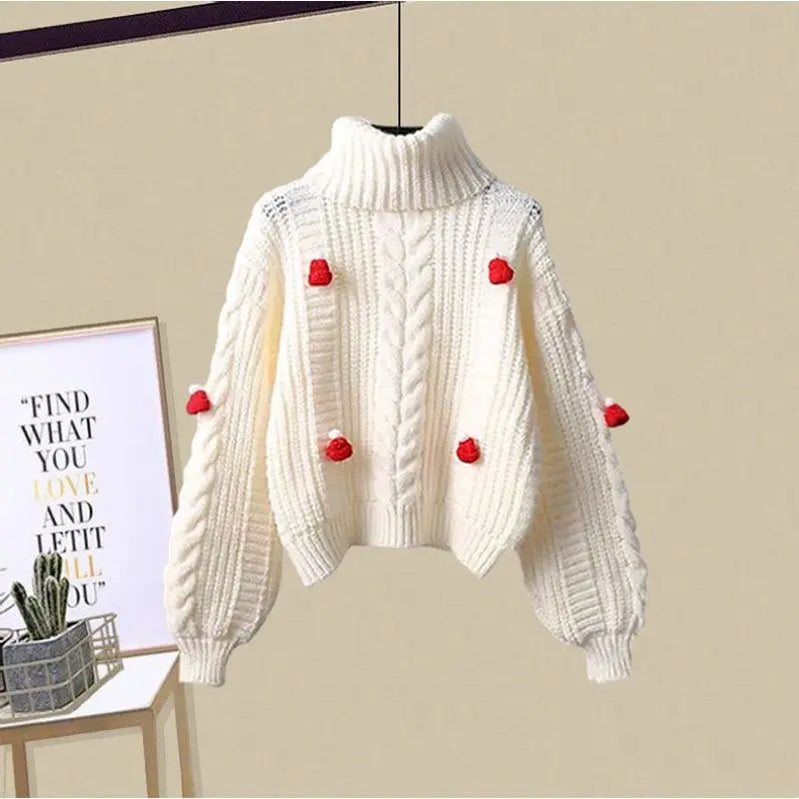 Women Fashion Red Pompom Turtleneck Sweater Pants 1 or 2 Piece Set 2023 Christmas Knit Tops Trouser Outfits Lady Daily Knitwear Only Sweater