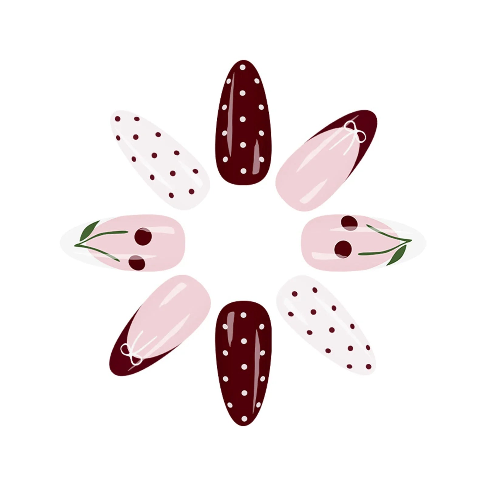 24Pcs Wine Red Almond Fake Nails with Polka Dot/Bowknot/Cherry Designs French Press On Nails Women Girls New Year Charm Manicure