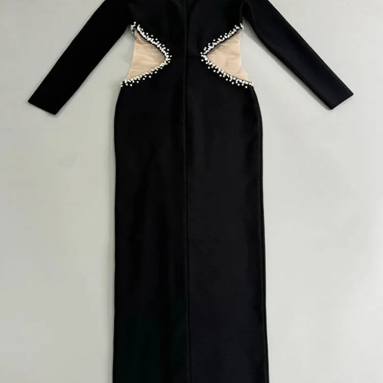 Vestido longo de bandagem preto, sexy, de manga comprida, com decote em V e contas, para mulheres, celebridades, 2025, elegante, para festa à noite