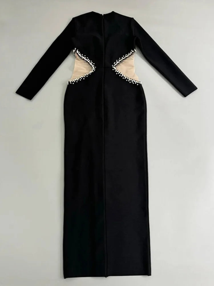 Vestido longo de bandagem preto, sexy, de manga comprida, com decote em V e contas, para mulheres, celebridades, 2025, elegante, para festa à noite