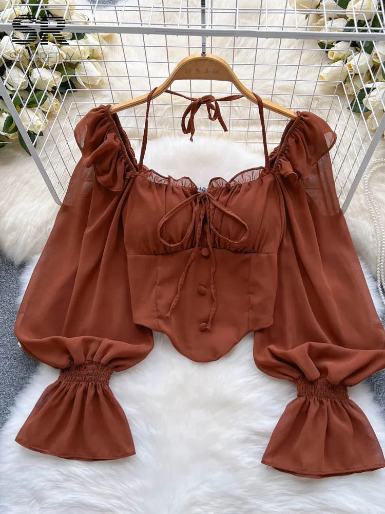 Flare Sleeve Women Tops Ruffle Solid Elastic Waist Halter Backless Chiffon Slim Ladies Harajuku Sexy Short Blouse
