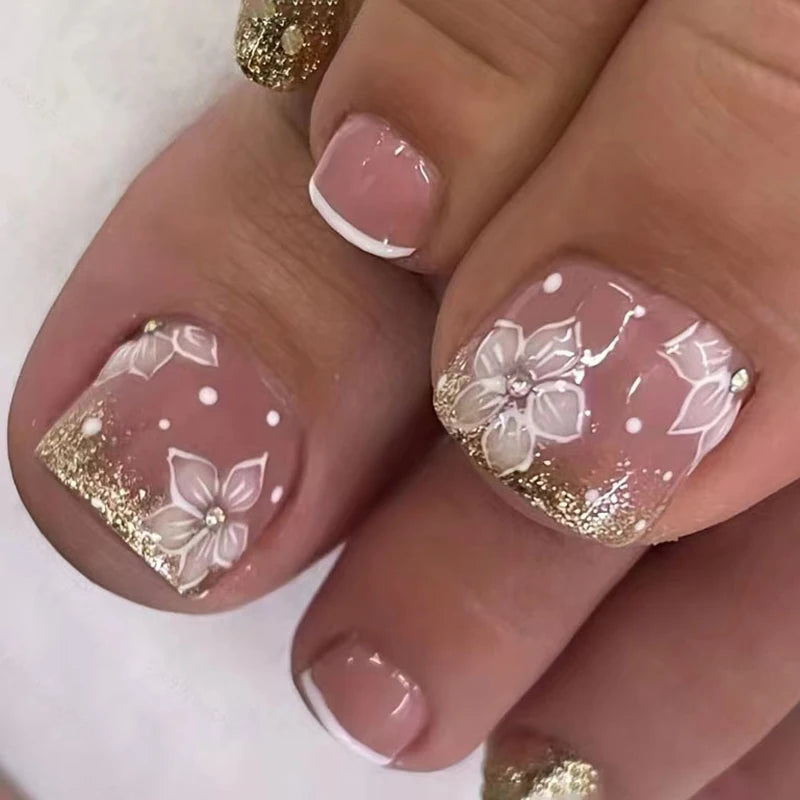 24pcs/set hot teo fake nails for summer season glitter rhinestones flowers bow Leopard watermelon pattern press on false nails