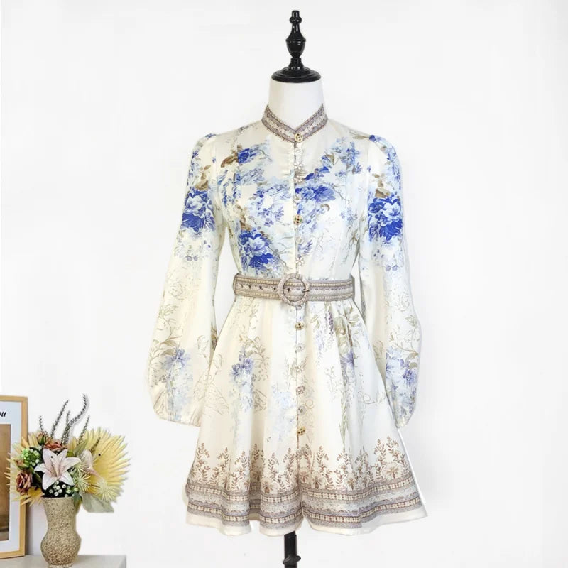 Shot In Stock 2025 Spring Summer Printed Single-Breasted Exquisite Flower Button Short A-Line Dress + Belt