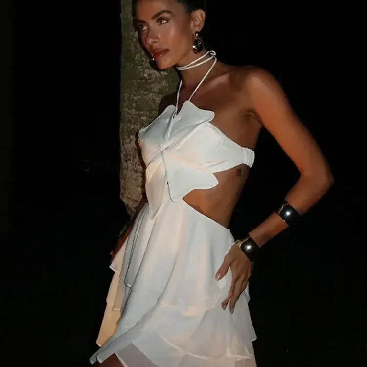 Women Sexy 3D Flower Halter Backless Mini Dress Solid Sleeveless Pleated Skirt New Spring Summer Lady Beach Party Vestidos