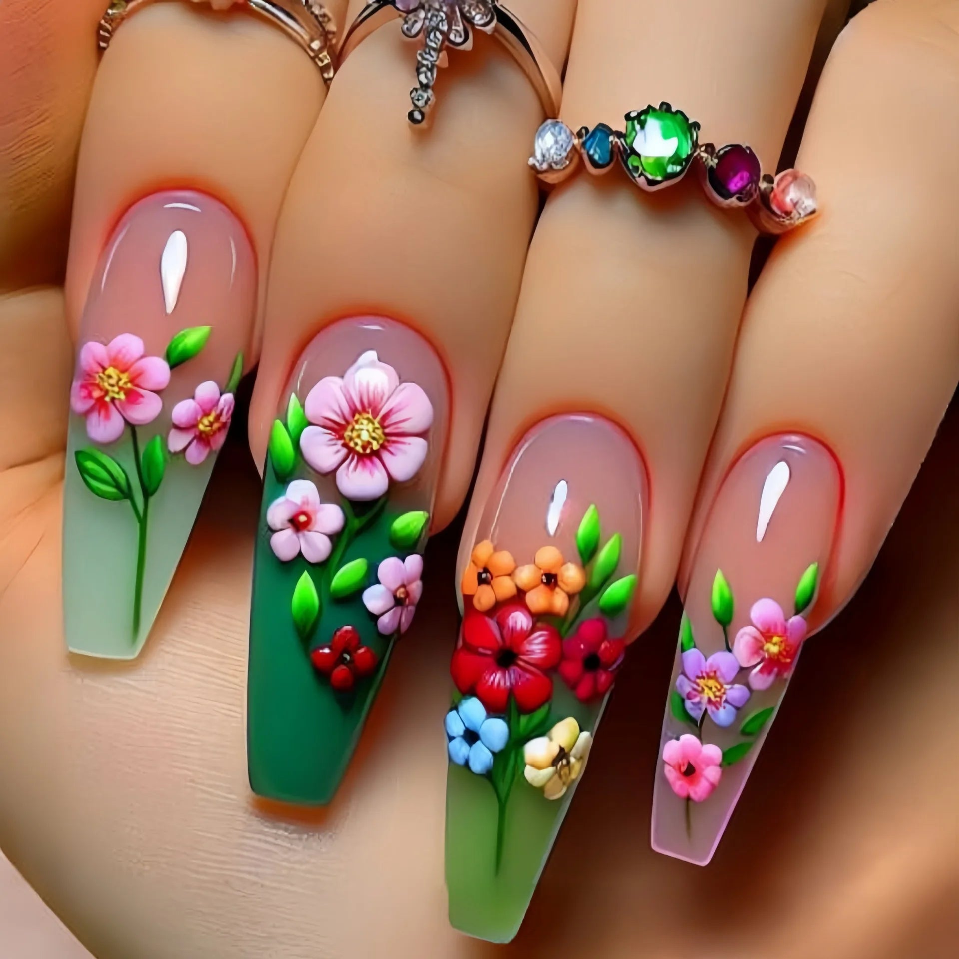 24pcs/set Medium long fake nails Gradient blue ocean fish sun flowers butterfly square ballet summer tips press on false nail