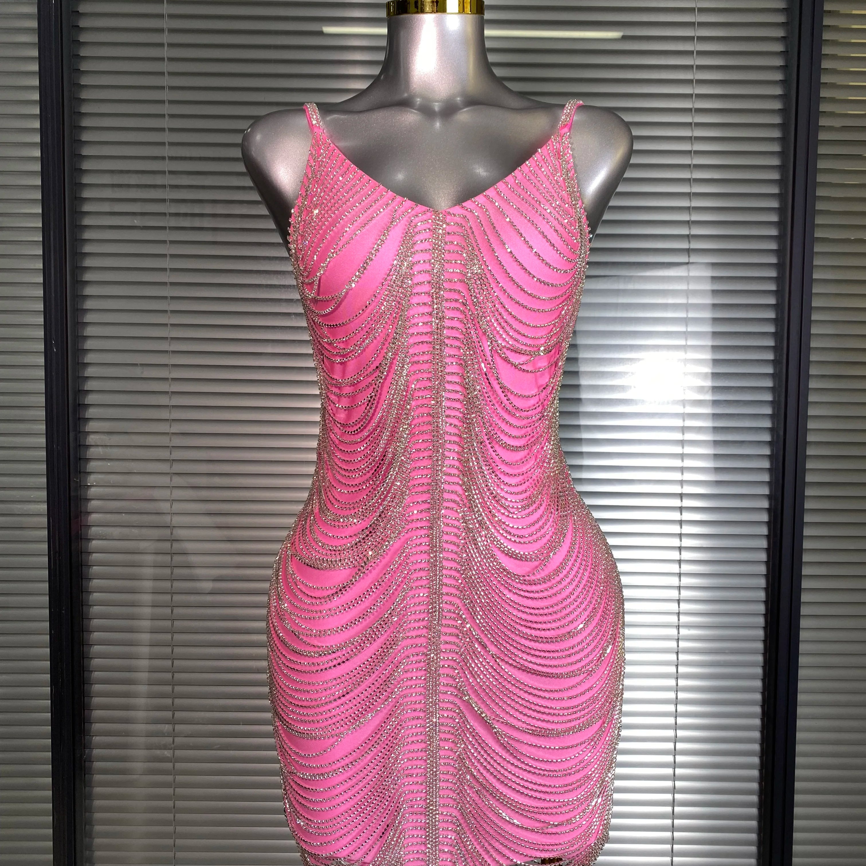 Ins Celebrity New Women Sexy Khaki Crystal Shining Mini Dress Stage Costume Dancer Singer Night Club Sparkly Party Dress