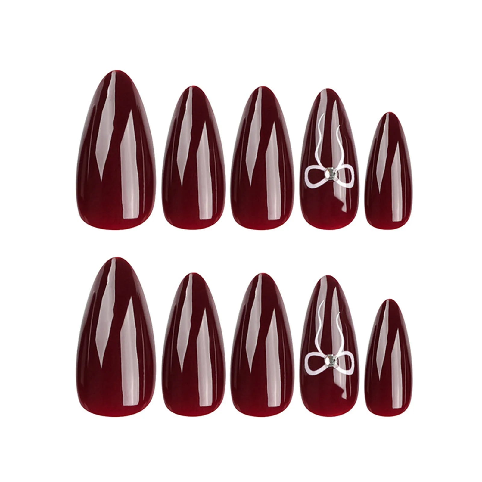 Wine Red Almond Fake Nails Women Valentine's Day Charm Manicure 24Pcs Year Party Press On Nails Bowknot Printed Nails Art