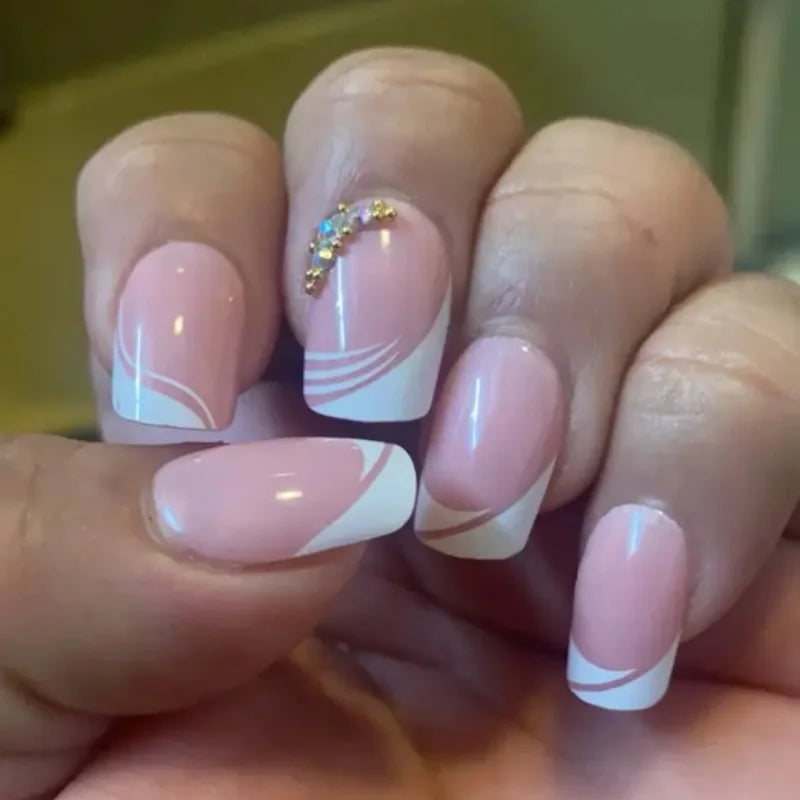 24Pcs Short Square Nude French Tip Press On Nails Set Reusable Acrylic Full Cover Fake Nail with Glue for Women&Girls Decoration