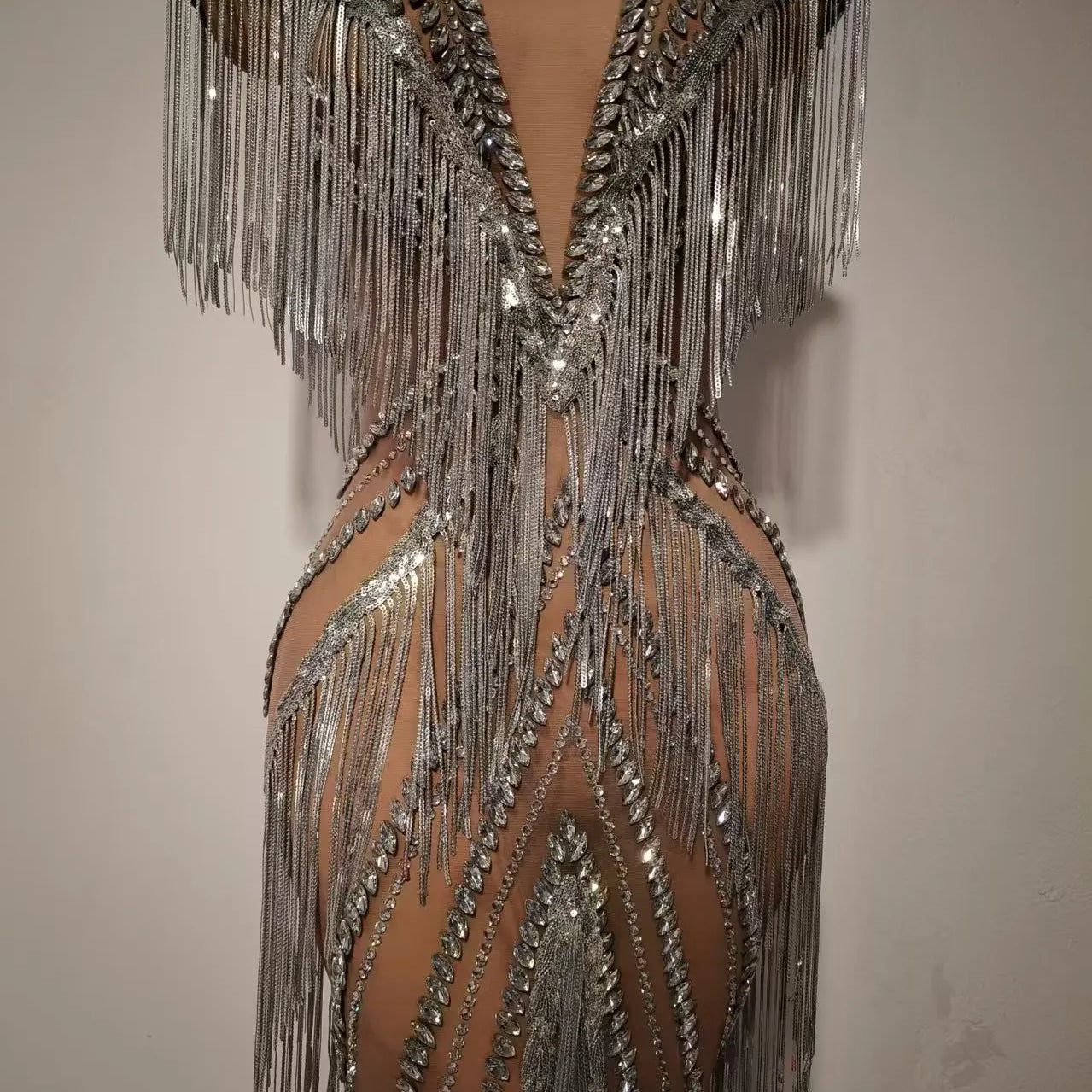 Women Sexy Mesh Crystal Tassel Fancy Maxi Dress See Through Gold Silver Party Singer Party Costume Stage Performance Dress
