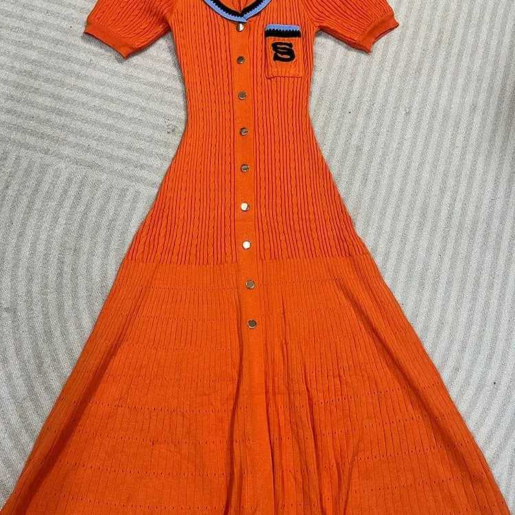 Elegant Women's Slim Fit Knitted Dress Fashionable Polo Neck Short Sleeve Single breasted Design Split Knitted Mid length Dress