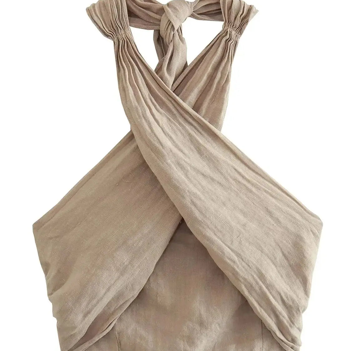 KONDALA Streetwear Khaki Linen Suits Women Sleeveless Halter Sexy Crop Tops Women+High Waist Wide Leg Pants Fashion Sets Khaki Top