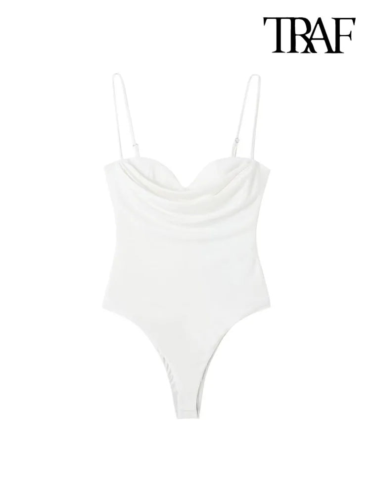 Women Fashion With Sweetheart Neck Draped Bodysuits Vintage Backless Zipper Thin Straps Female Playsuits Mujer