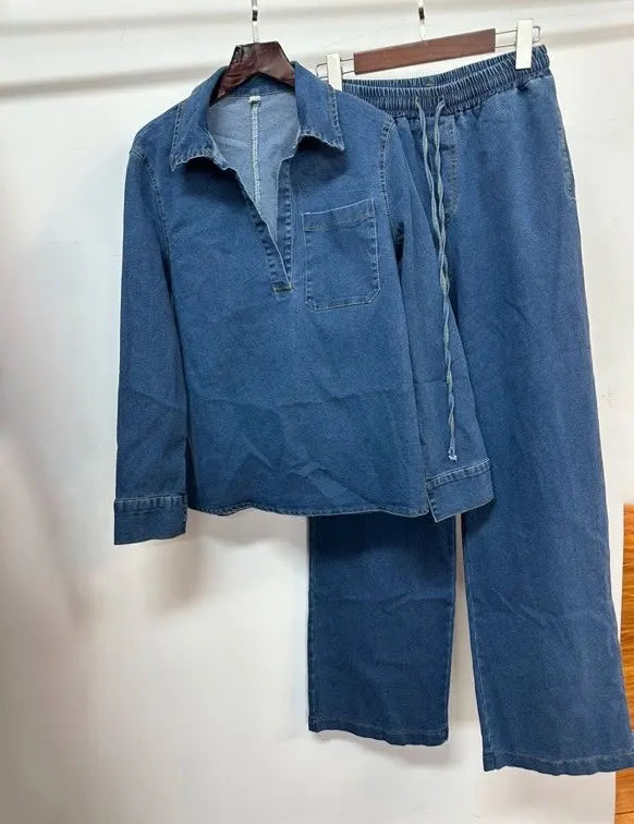 CM.YAYA Fashion Women's Set Long Sleeve Washed Denim Tops Shirts + Wide Leg Pants Suit 2025 Spring Street Two 2 Piece Set Outfit