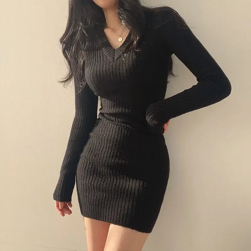 Women Knit Bodycon Dress V-Neck Long Sleeve Slim Sexy Dress Solid Casual Midi Sweater Dress For Autumn BLACK One Size