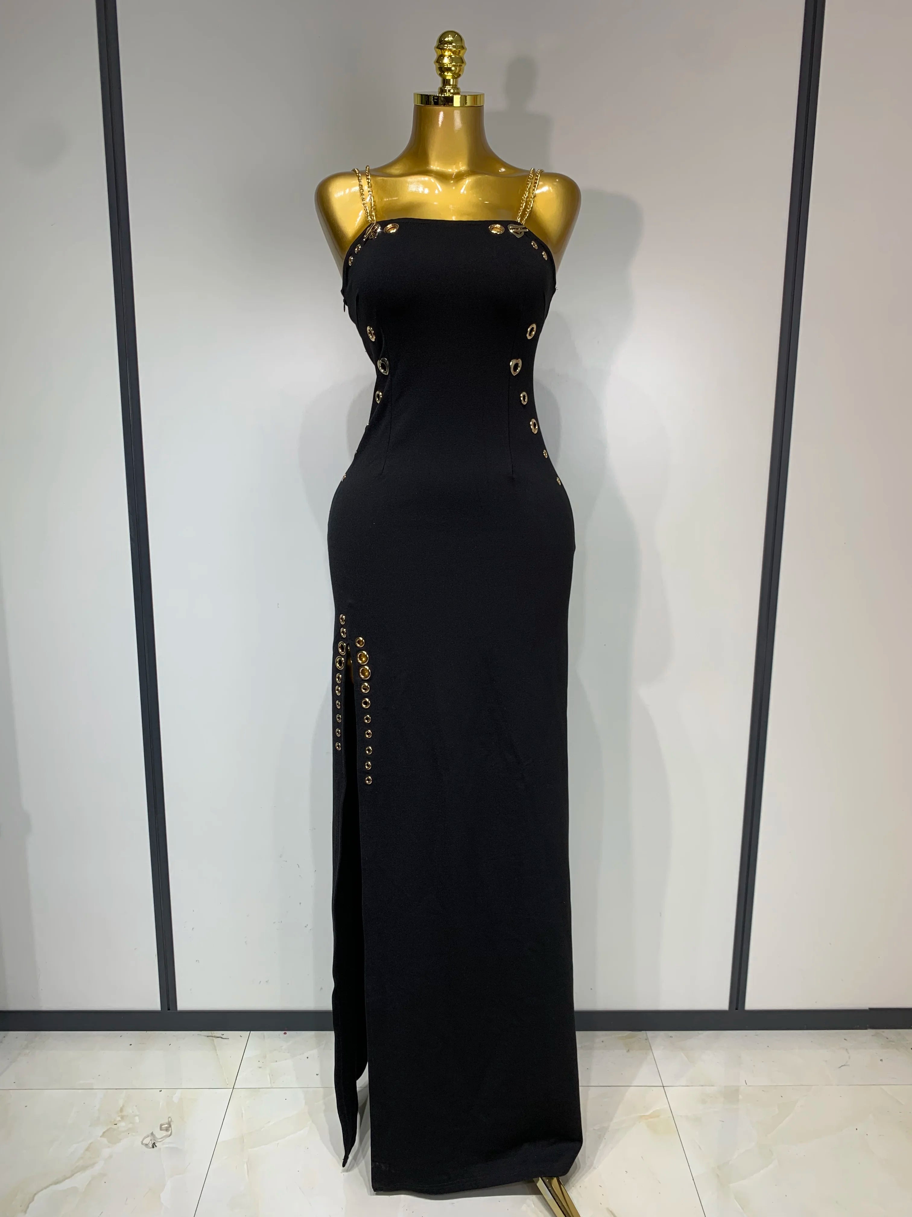Vestido longo longo justo sem mangas com gola quadrada e corrente para mulheres, elegante, para festa à noite, comemoração de aniversário