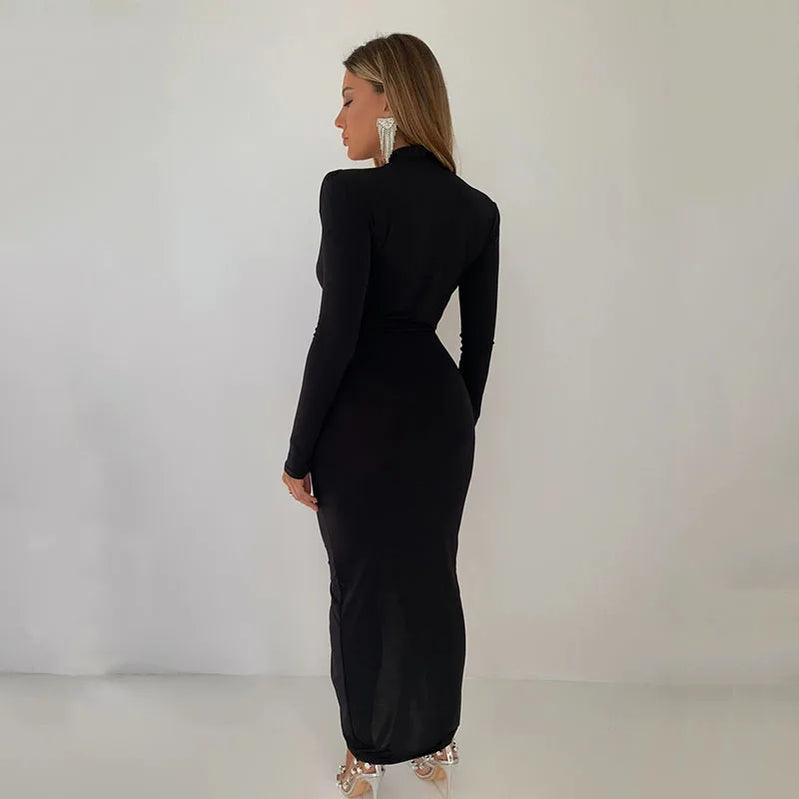 Elegant Pleated Casual Bodycon Long Dress Autumn Winter Women Slim Evening Party Robe Sexy Bandage Ladies Dress