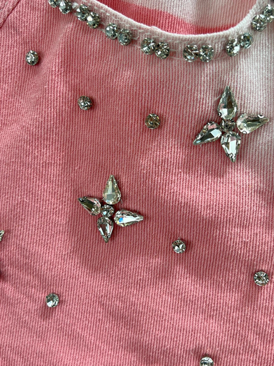 Sweet Gradient Color Exquisite Rhinestone Denim Shorts Women Summer High Waist Slimming Wide Leg Shorts Jeans Hot Pants