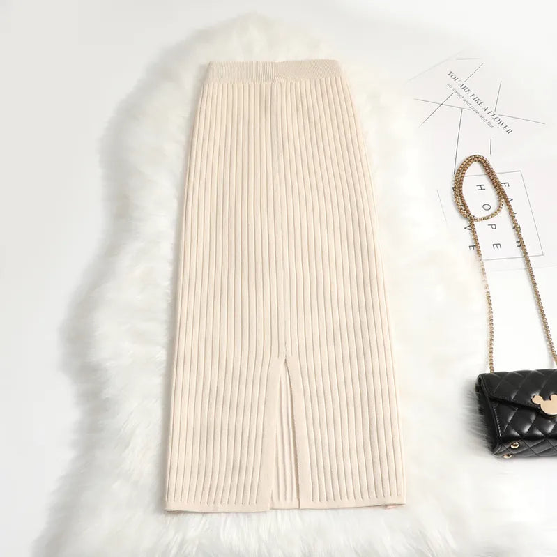 Women sweater skirt pencil midi knitted skirt high waist skirts womens winter long warm knitting skirts split bottoms